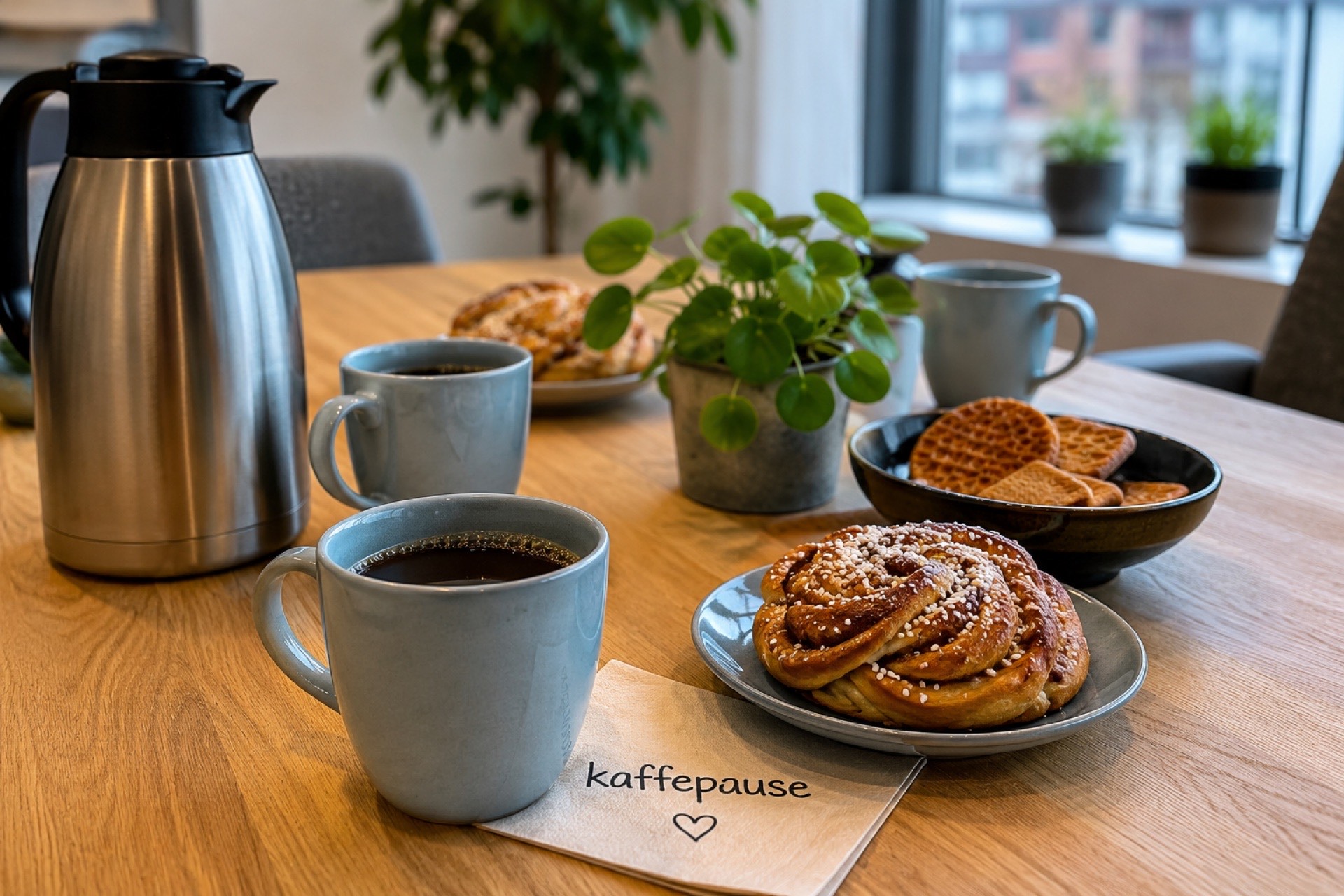 Kaffepause – kawa filtrowana i cynamonowe bułki na drewnianym stole